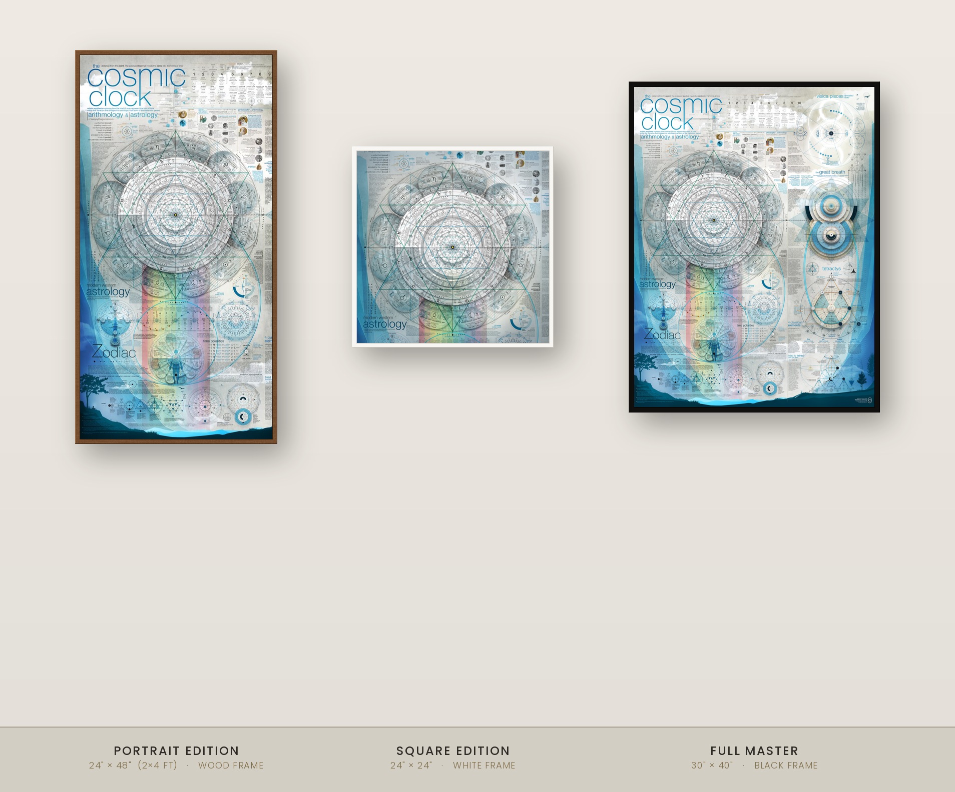 The Cosmic Clock shown framed and hung at gallery height in three sizes: Portrait Edition in a wood frame, Square Edition in a white frame, and Full Master in a black frame